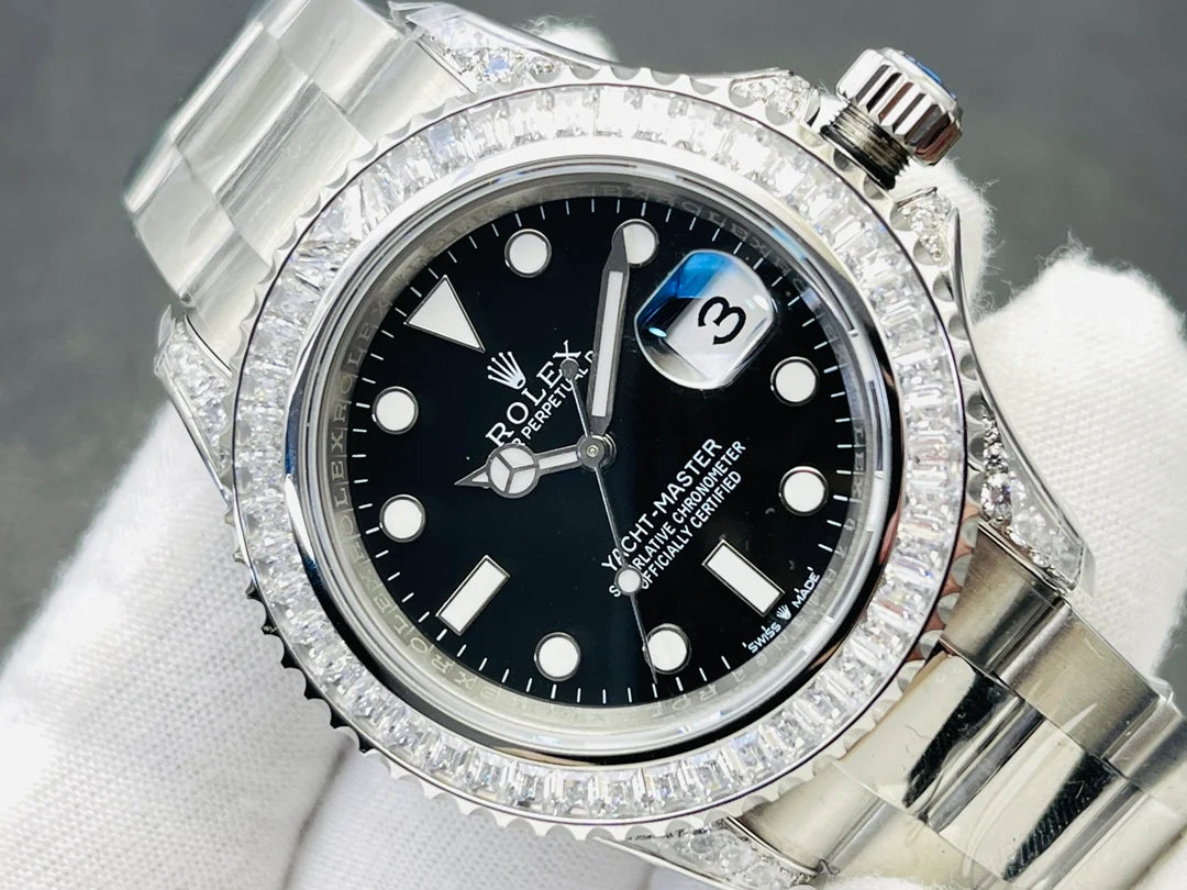 Luxury Black Dial Men’s Watch – Crystal Bezel Stainless Steel Timepiece