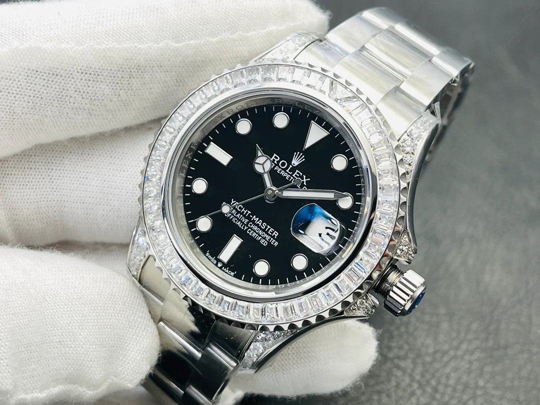 Luxury Black Dial Men’s Watch – Crystal Bezel Stainless Steel Timepiece