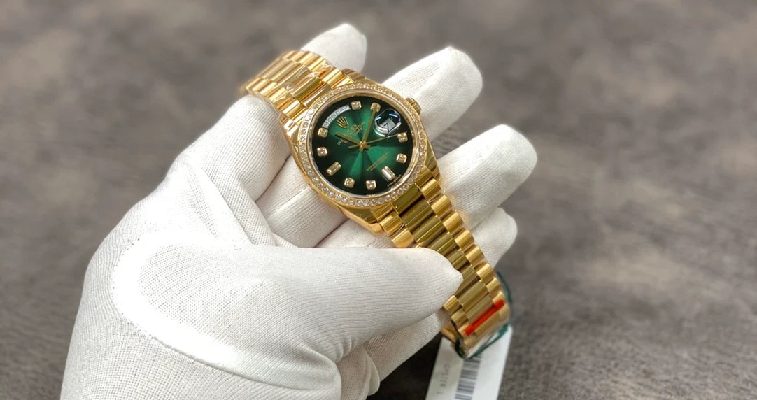 Luxury Green Dial Gold Watch – Crystal Bezel Men’s Stainless Steel Watch