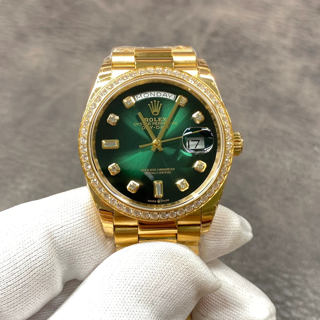 Luxury Green Dial Gold Watch – Crystal Bezel Men’s Stainless Steel Watch