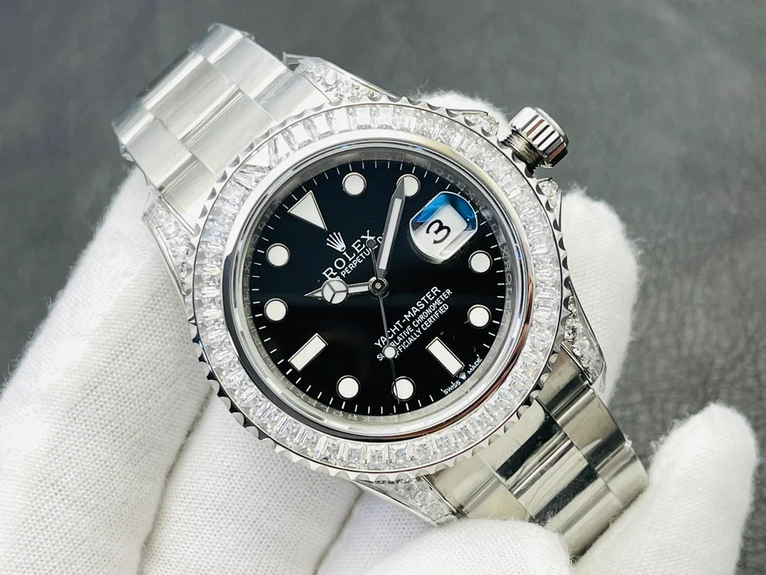 Luxury Black Dial Men’s Watch – Crystal Bezel Stainless Steel Timepiece