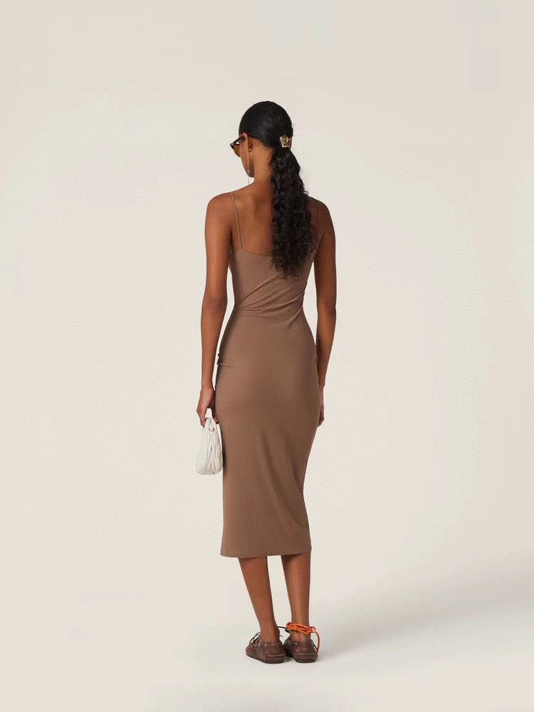 Luxury Brown Satin Maxi Slip Dress – Minimalist Evening Dress